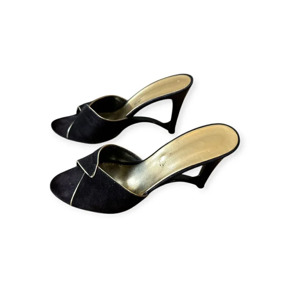 Andrew Geller Black Suede Gold‎ Trim Cutout Wededge Sandals, Vintage,